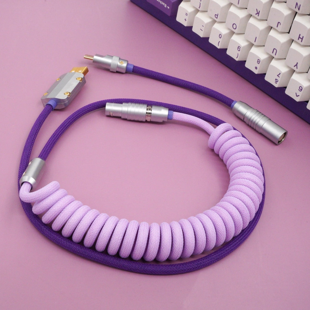 Sleeved Coiled Keyboard Aviator Cable, Lemo Style Connector - Classic Purple