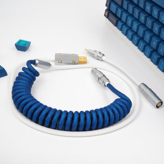 Sleeved Coiled Keyboard Aviator Cable, Lemo Style Connector - Blue/White