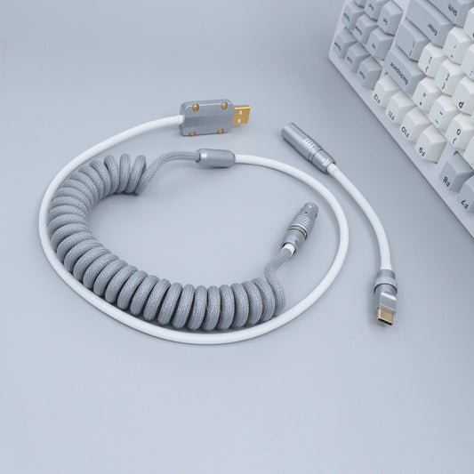 Sleeved Coiled Keyboard Aviator Cable, Lemo Style Connector - Grey/White