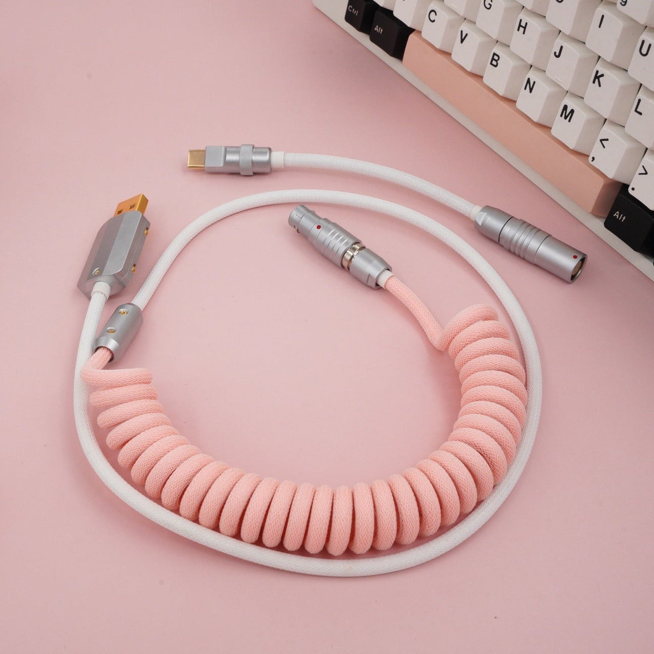 Sleeved Coiled Keyboard Aviator Cable, Lemo Style Connector - Macaron Pink/White