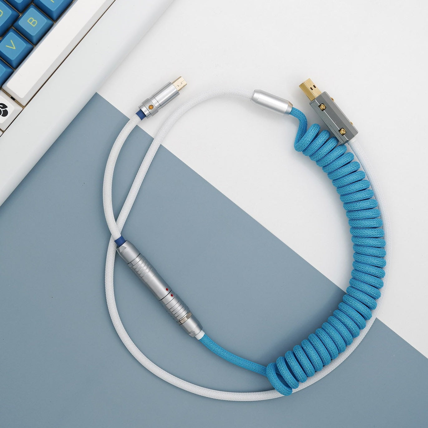 Sleeved Coiled Keyboard Aviator Cable, Lemo Style Connector - Blue/White