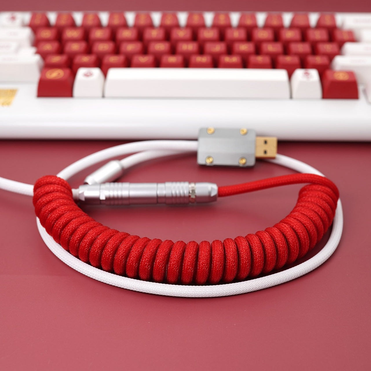 Sleeved Coiled Keyboard Aviator Cable, Lemo Style Connector - Red/White