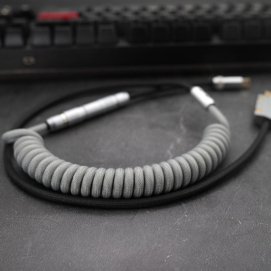 Sleeved Coiled Keyboard Aviator Cable, Lemo Style Connector - Grey/Black