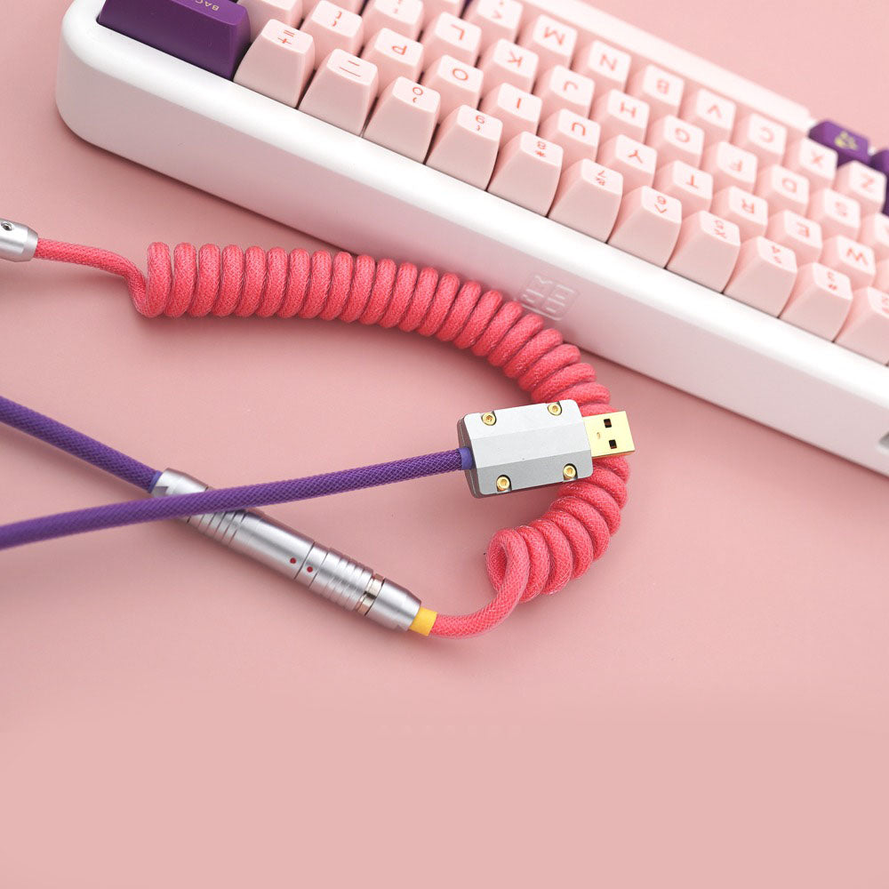Sleeved Coiled Keyboard Aviator Cable, Lemo Style Connector - Bright Pink/Purple