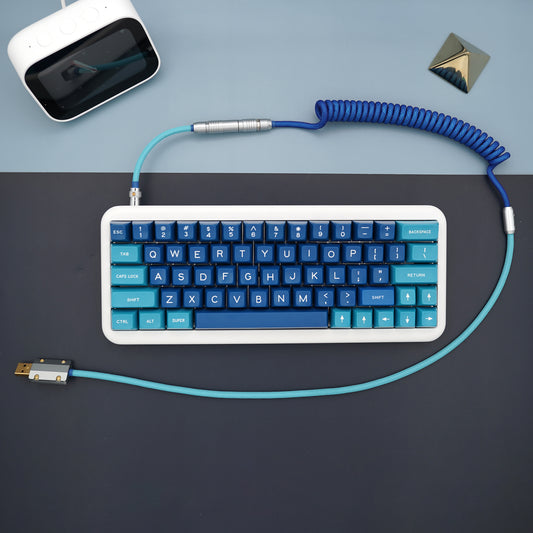 Sleeved Coiled Keyboard Aviator Cable, Lemo Style Connector - Navy/ Light Blue
