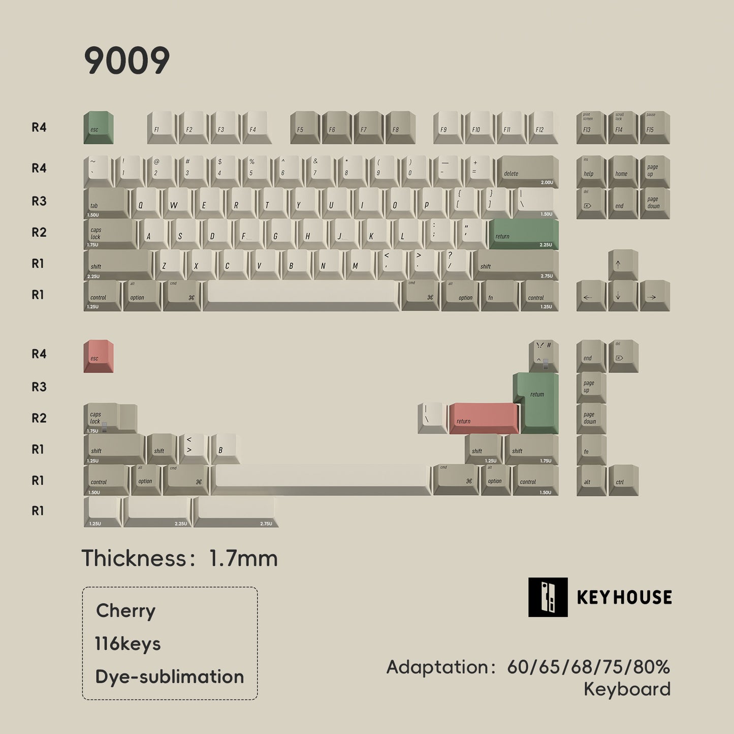 Keyhouse 9009 Retro Keycap Set, Cherry Profile, Dye Sub PBT Key Cap