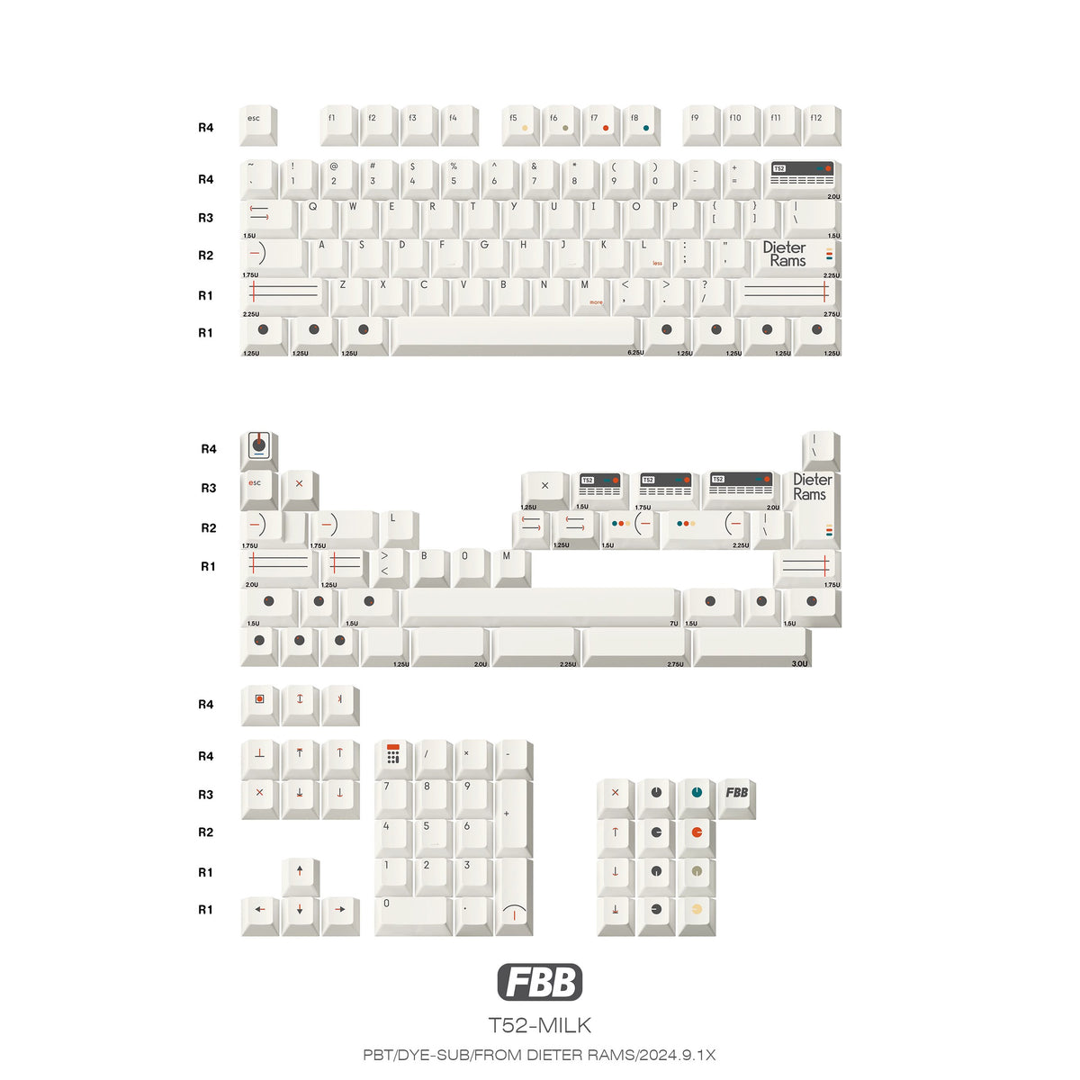 FBB T52 Dieter Rams Keycap Set, Cherry Profile, Dye Sub PBT Key Cap ...