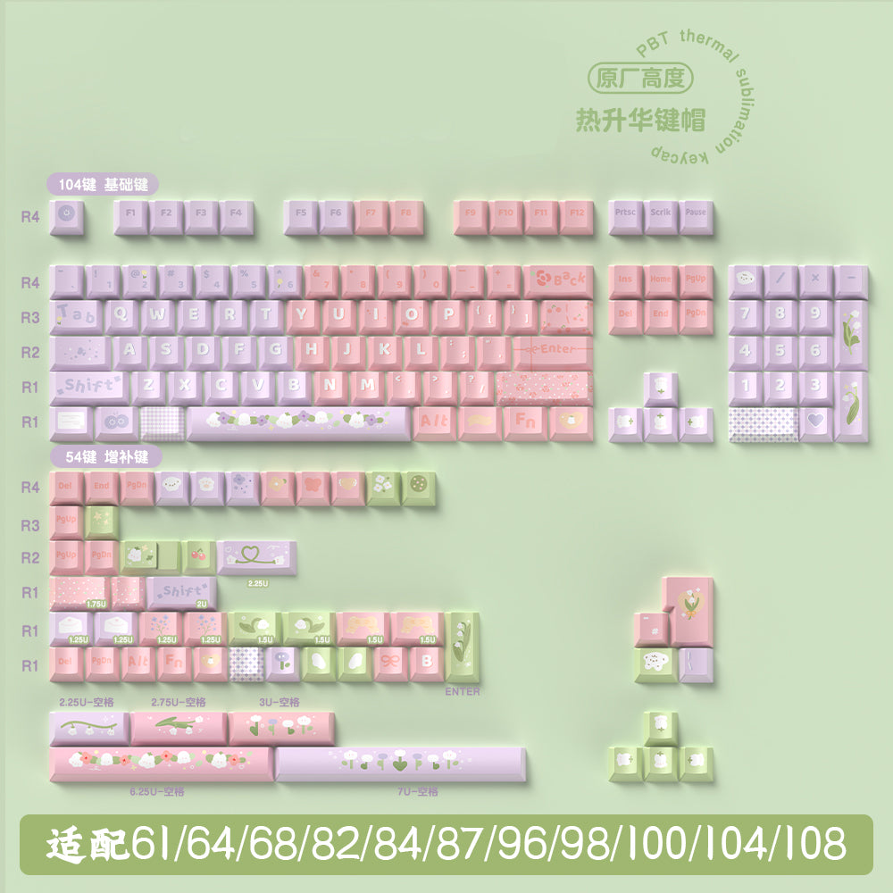 Lily of the Valley (Pink/Purple) Cute Keycap Set, MDA/Cherry Profile, PBT Dye Sub Key Cap