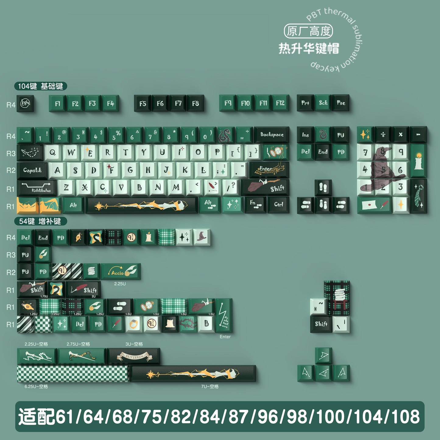 Slytherin (Green) Cute Keycap Set, MDA/Cherry Profile, PBT Dye Sub Key Cap