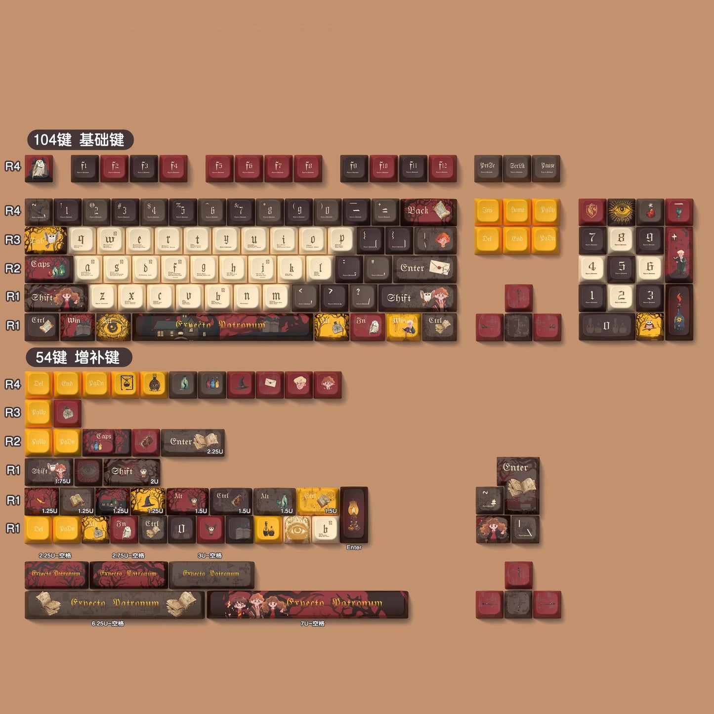 Gryffindor (Brown) Cute Keycap Set, MDA/Cherry Profile, PBT Dye Sub Key Cap
