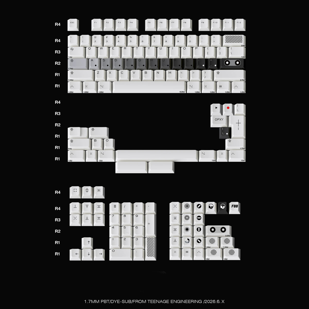 FBB Opxy White/Black Keycap Set, Cherry Profile, Dye Sub PBT