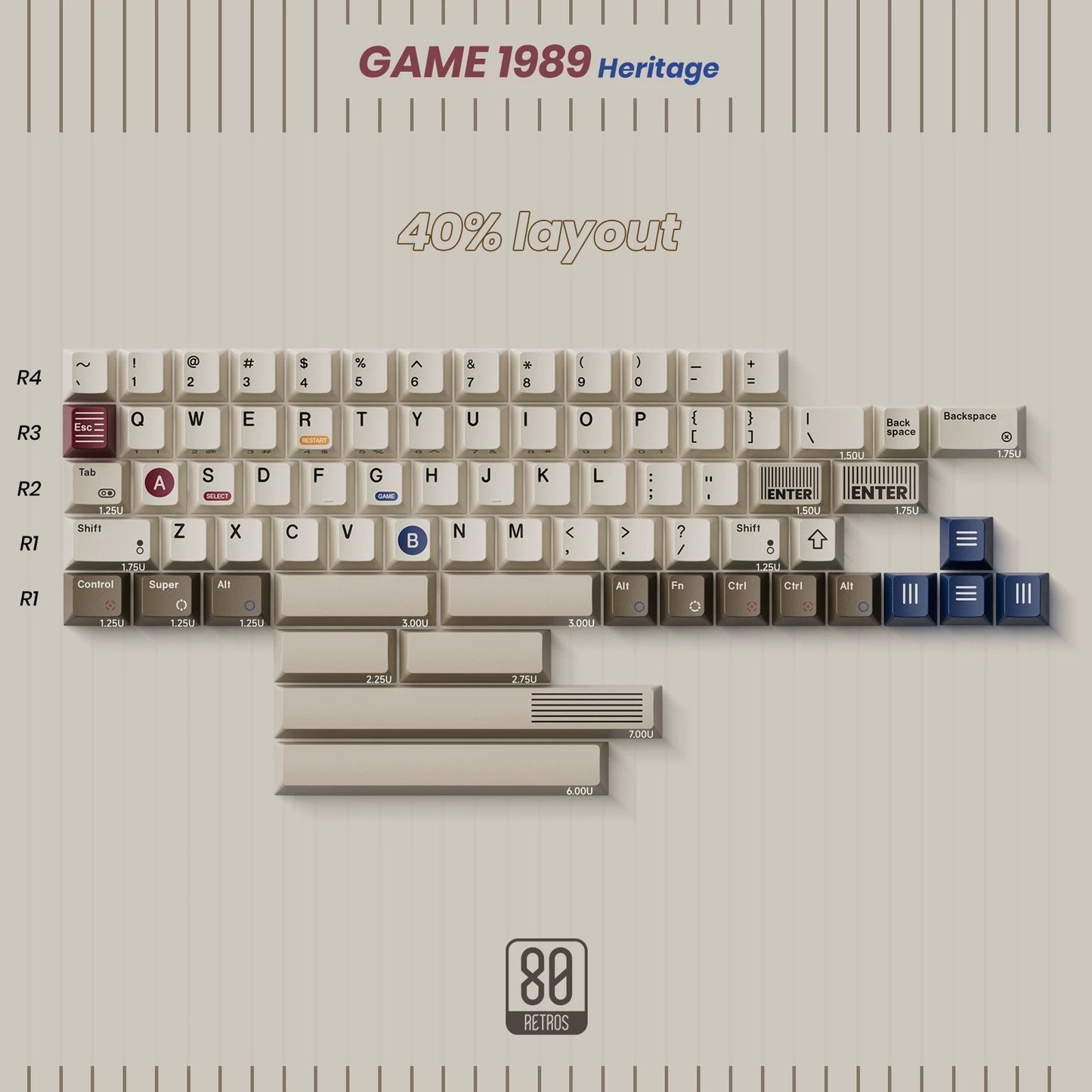 80Retros GAME 1989 Heritage Keycap Set, Cherry Profile, PBT Key Cap Set