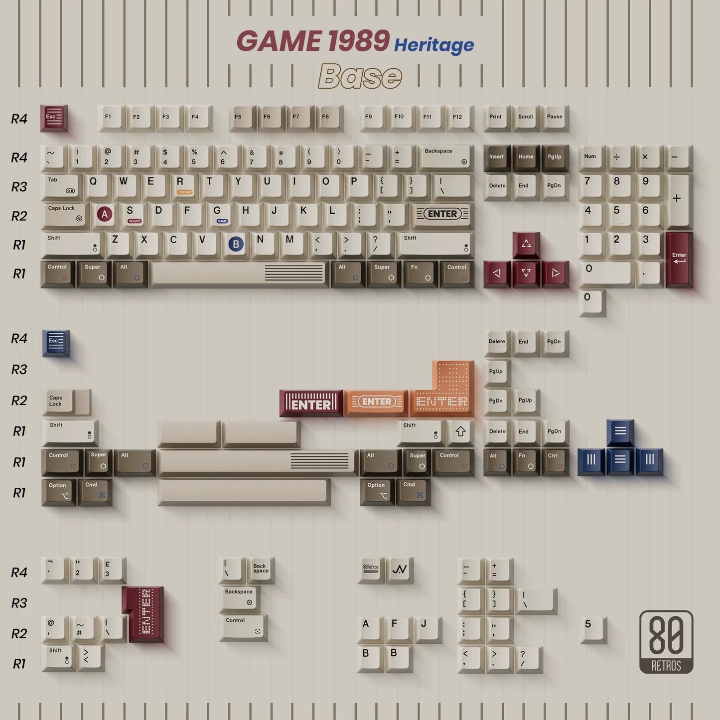80Retros GAME 1989 Heritage Keycap Set, Cherry Profile, PBT Key Cap Set