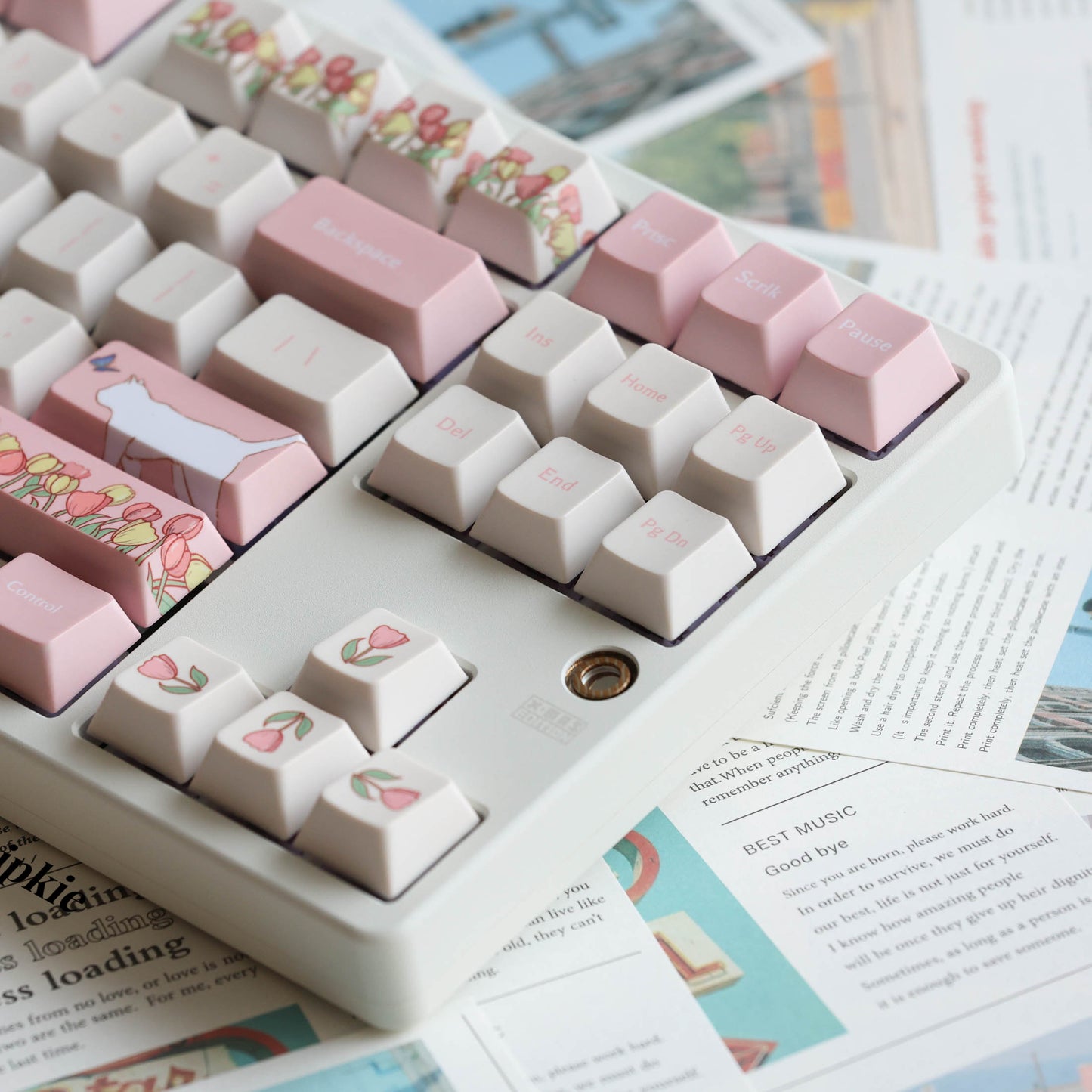 Keyria Labs Tulip & Cat Keycap Set, Cherry Profile, Dye Sub PBT Cute Key Cap