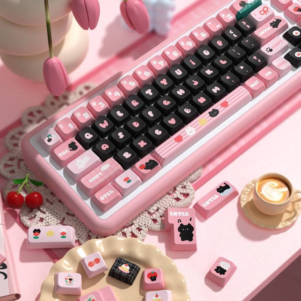 Little Black Cat (Pink) Cute Keycap Set, MDA Profile, PBT Dye Sub Key Cap