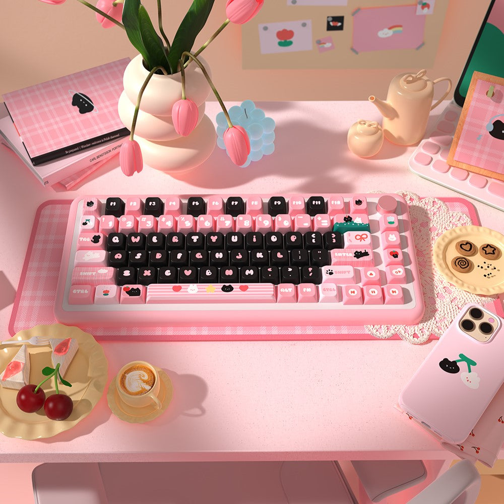 Little Black Cat (Pink) Cute Keycap Set, MDA Profile, PBT Dye Sub Key Cap