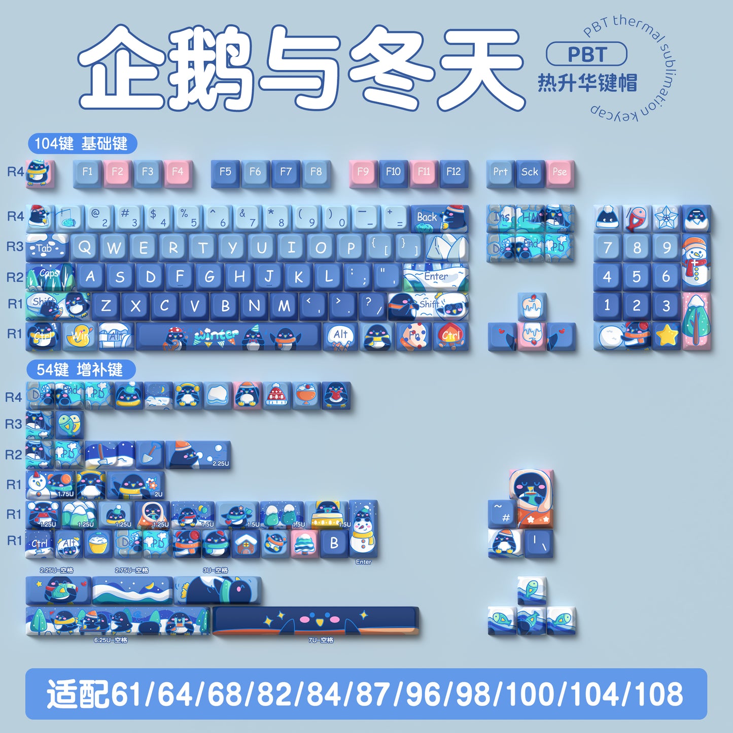 Penguin (Blue) Cute Keycap Set, MDA Profile, PBT Dye Sub Key Cap