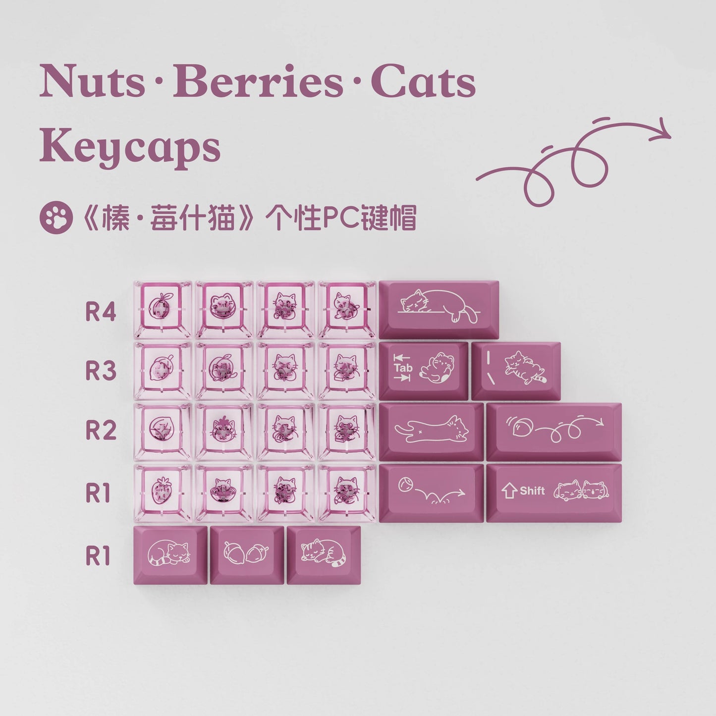 Nut Berries Cat Cute Keycap Set, Cherry Profile, Dye Sub PBT + PC Transparent Key Cap
