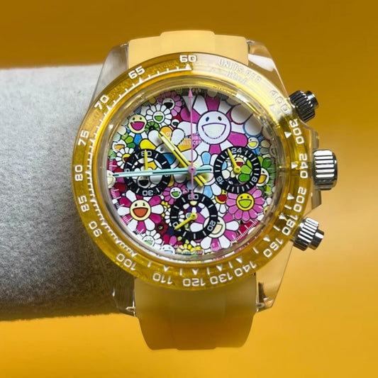 Flower Watch Mod - Chronograph / Clear Case & Yellow Transparent Bezel