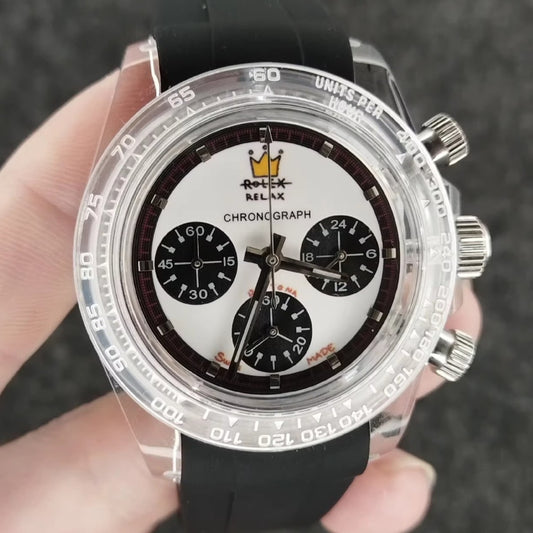 Relax Watch Mod (White/Black) - Chronograph / Clear Acrylic Case & Bezel