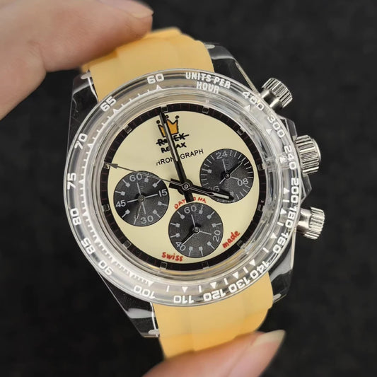 Relax Watch Mod (Yellow/Black) - Chronograph / Clear Acrylic Case & Bezel