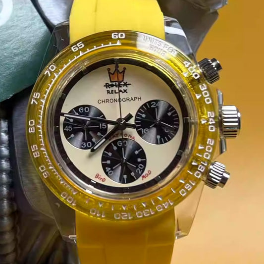 Relax Watch Mod (Yellow) - Chronograph / Clear Acrylic Case & Yellow Transparent Bezel