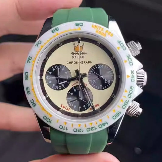 Relax Watch Mod (White/Green) - Chronograph / Steel Case