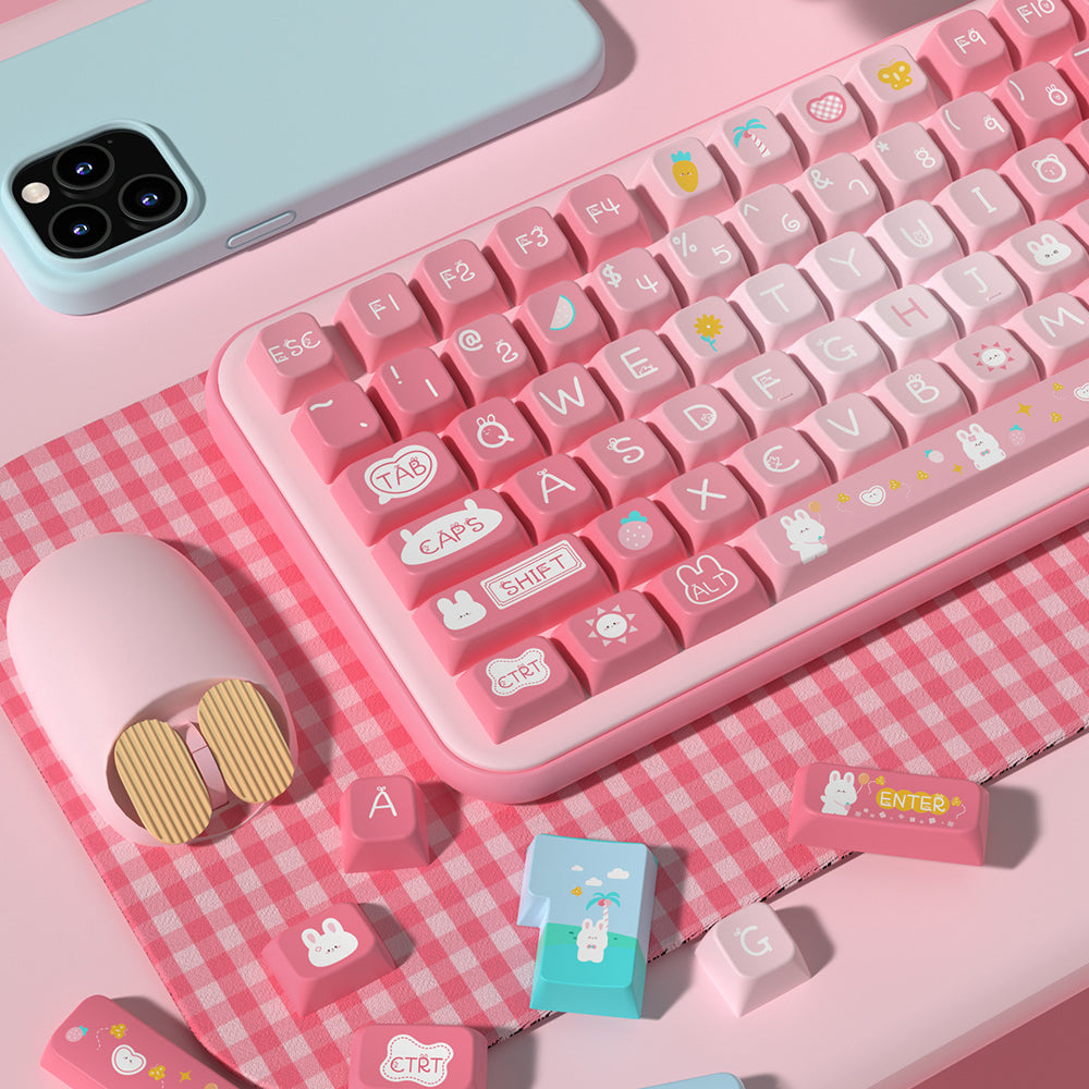Summer Bunny (Pink) Cute Keycap Set, MDA Profile, PBT Dye Sub Key Cap