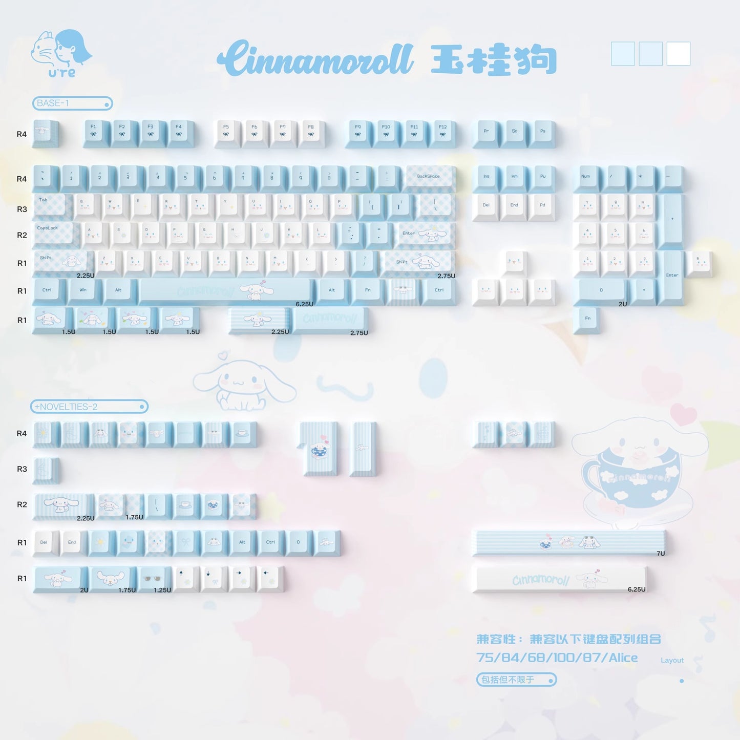 URE Cinnamoroll Cute Keycap Set, Cherry Profile, Dye Sub PBT