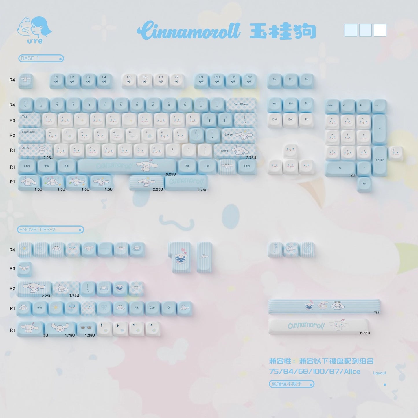 URE Cinnamoroll Cute Keycap Set, Cherry Profile, Dye Sub PBT