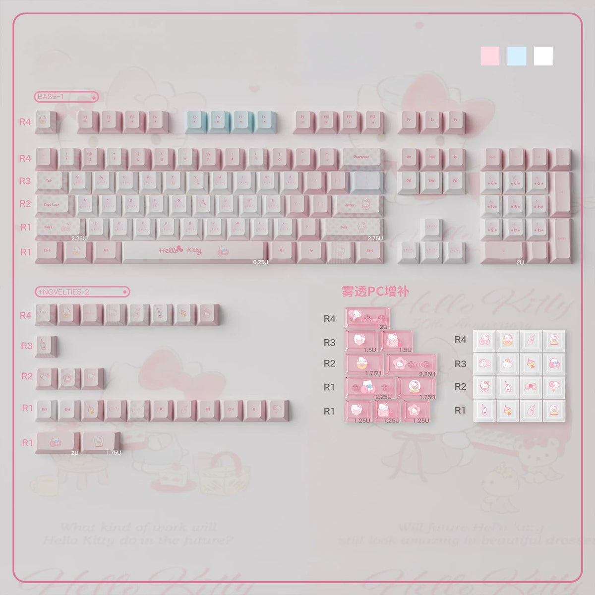 URE Hello Kitty Pink Cute Keycap Set, Cherry Profile, Dye Sub PBT + PC
