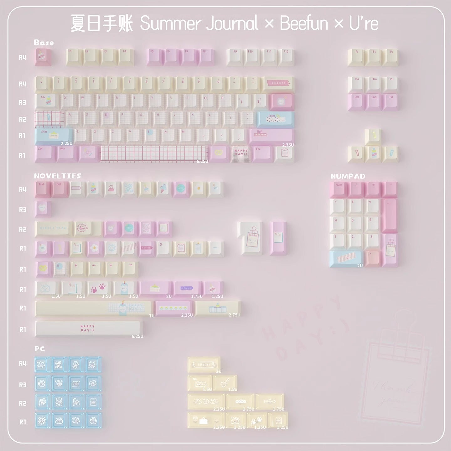 URE Summer Journal Cute Keycap Set, Cherry Profile, Dye Sub PBT