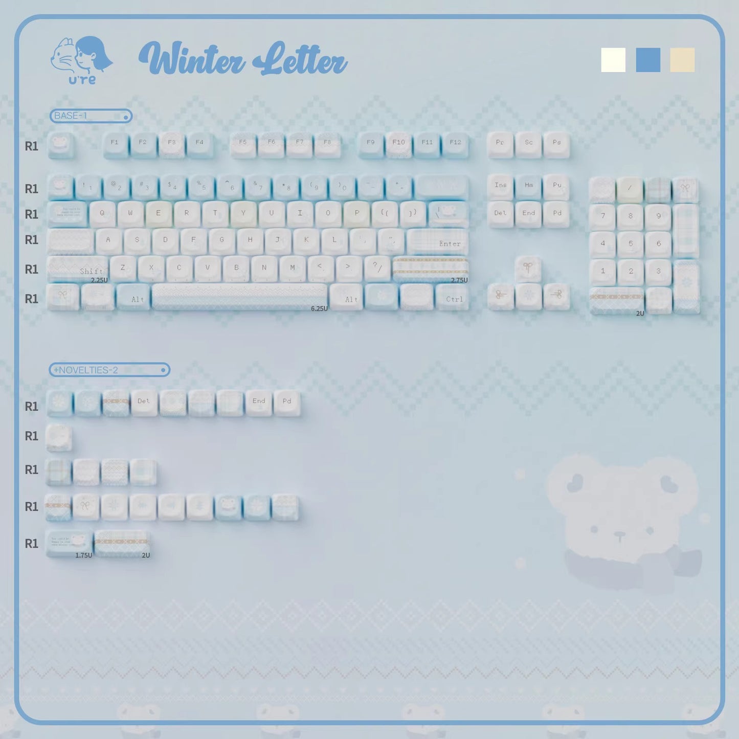 URE Winter Letter Cute Keycap Set, Cherry Profile, Dye Sub PBT + PC