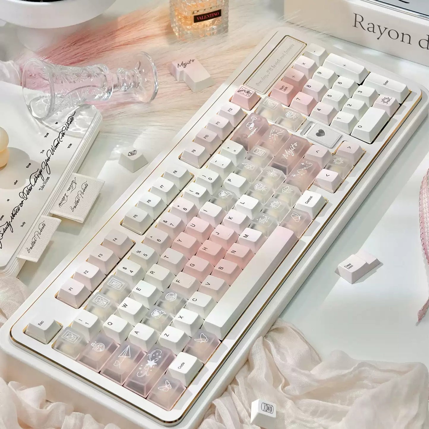 White Peach Mojito Cute Keycap Set, Cherry Profile, Dye Sub PBT + PC