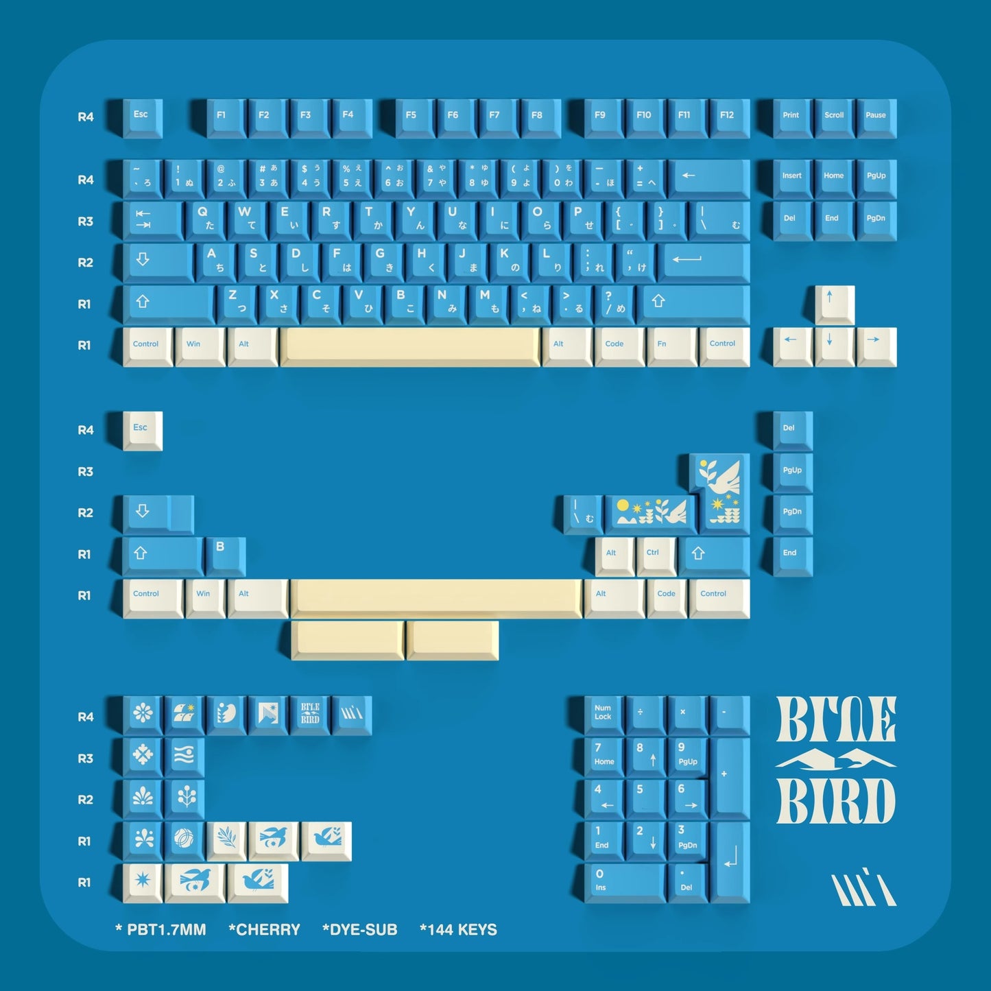 WUkds Blue Bird Keycap Set, Cherry Profile, Dye Sub PBT Key Cap