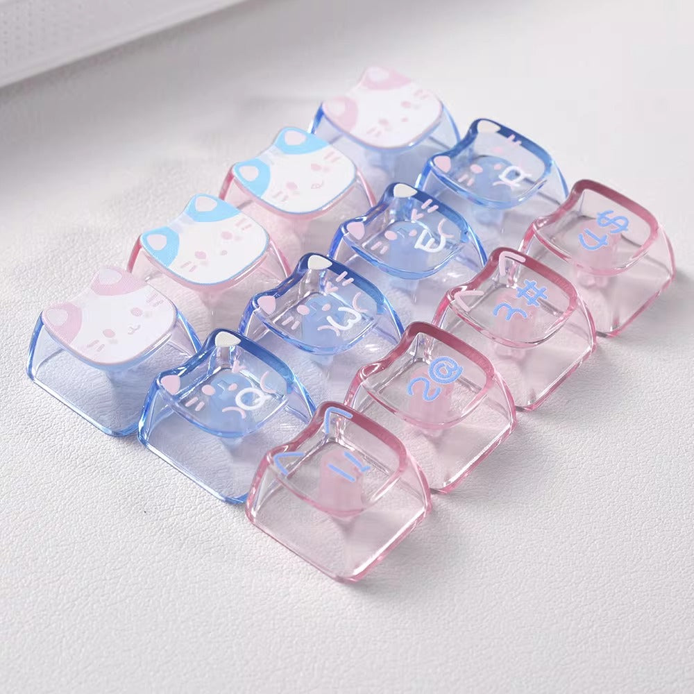 Lazy Cat Cute Transparent Keycap Set, MAO+MOA Profile, PC Transparent Key Cap